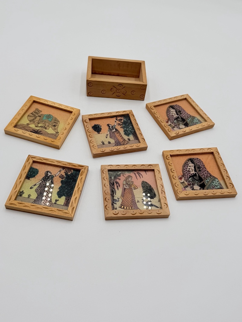 Vintage Indian Art Wood Coaster Set w Holder Boho Folk Decor
